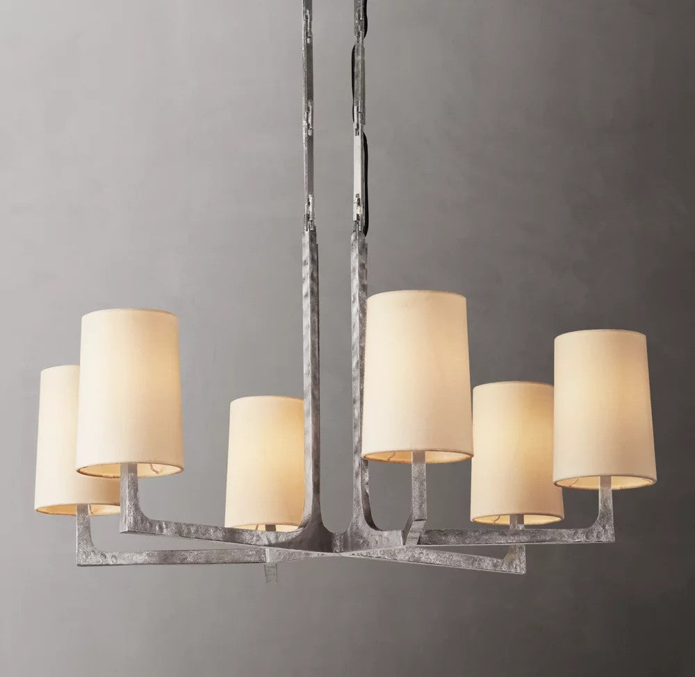 Wright Round Iron Chandelier with Linen Shades