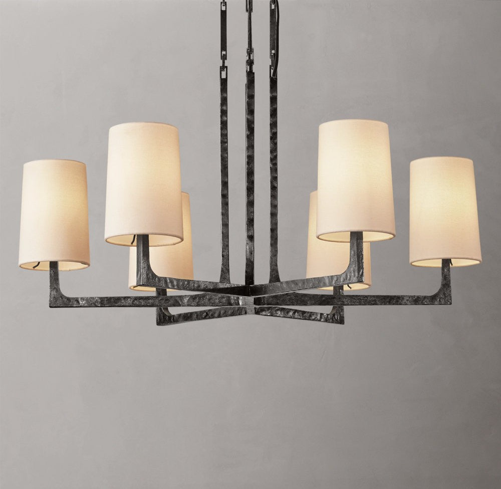 Wright Round Iron Chandelier with Linen Shades