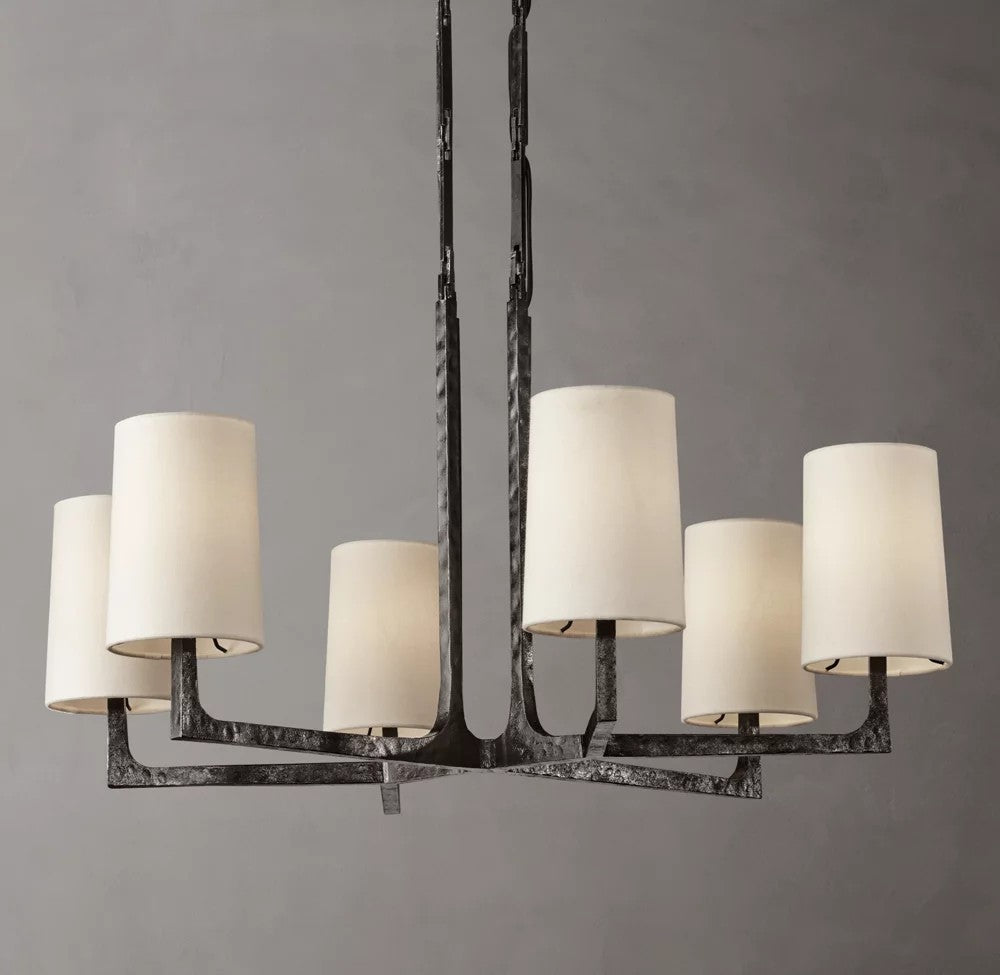 Wright Round Iron Chandelier with Linen Shades