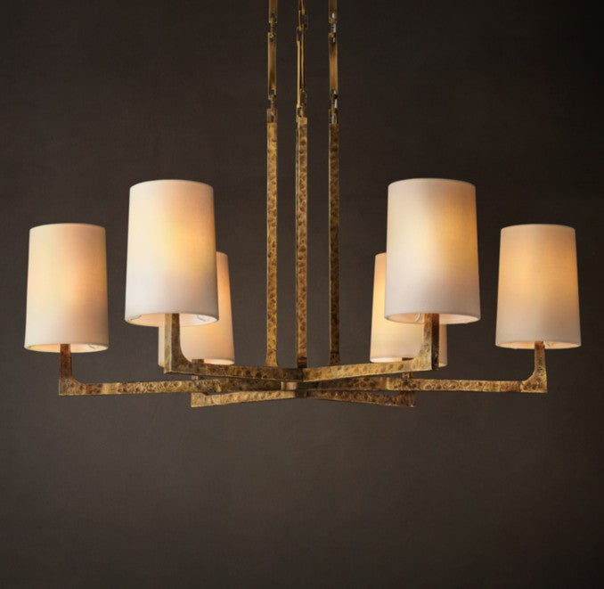 Wright Round Iron Chandelier with Linen Shades