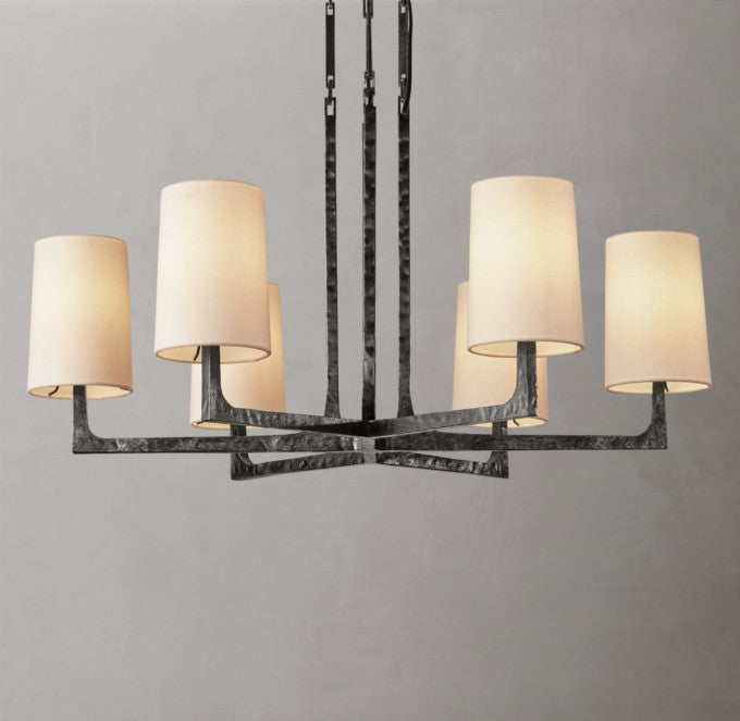 Wright Round Iron Chandelier with Linen Shades