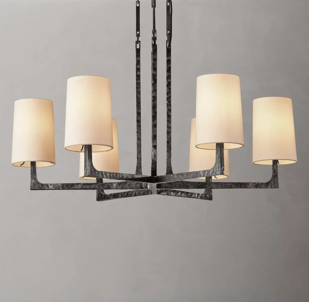 Wright Round Iron Chandelier with Linen Shades